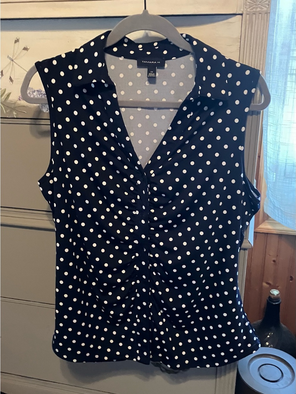 Tamara Sleeveless Black & White Polka Dot Ruched Front Blouse